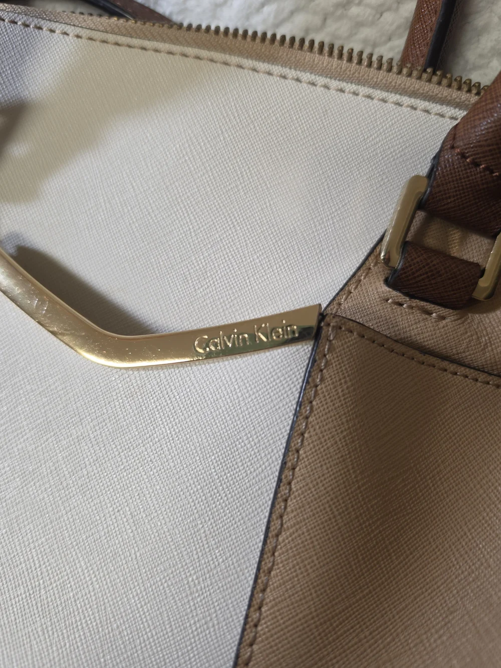 Calvin Klein Beige and White Colorblock Satchel